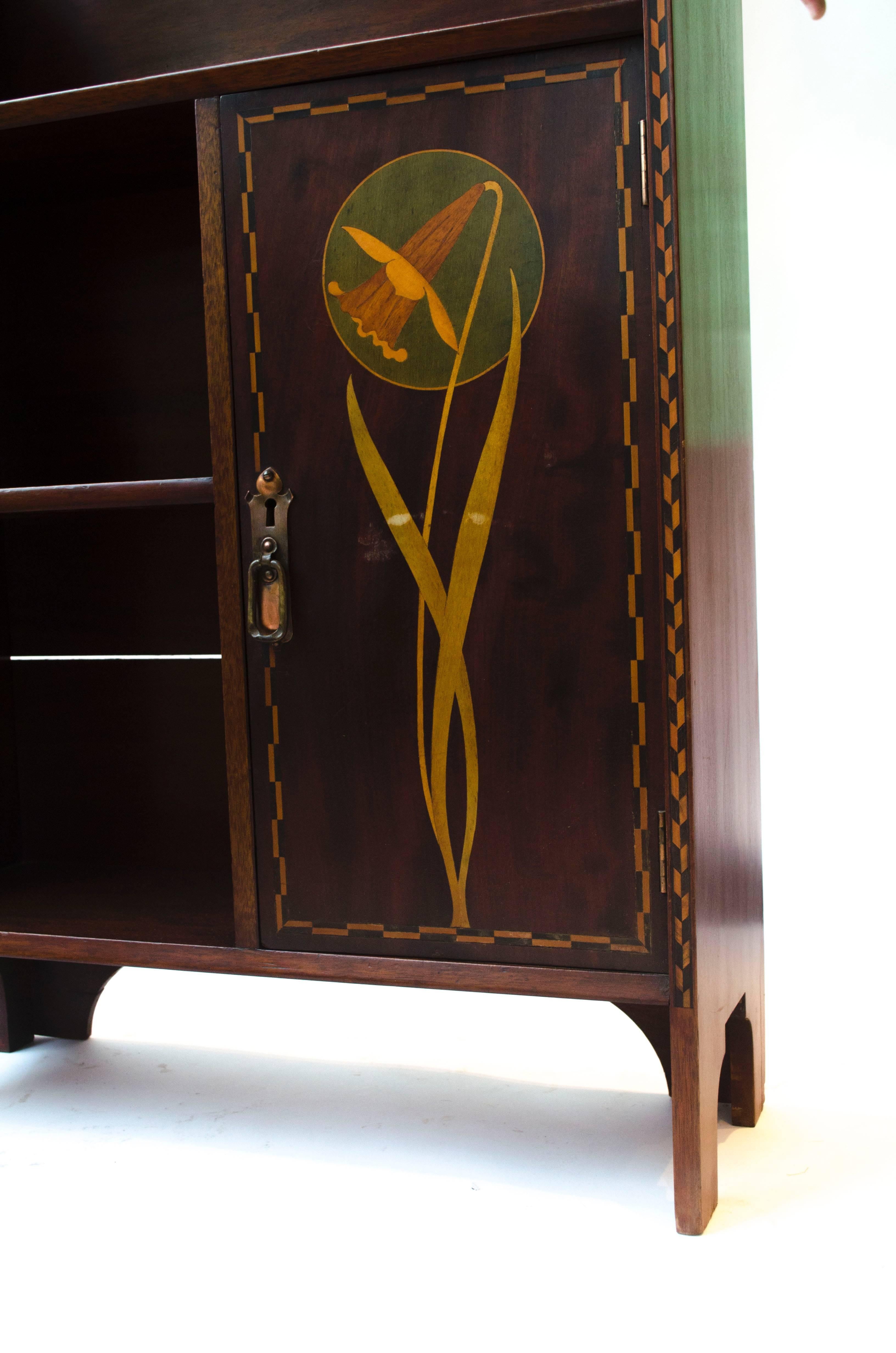 Arts and Crafts Shapland and Petter Walnut Bookcase with Daffodil Inlays after MH Baillie Scott