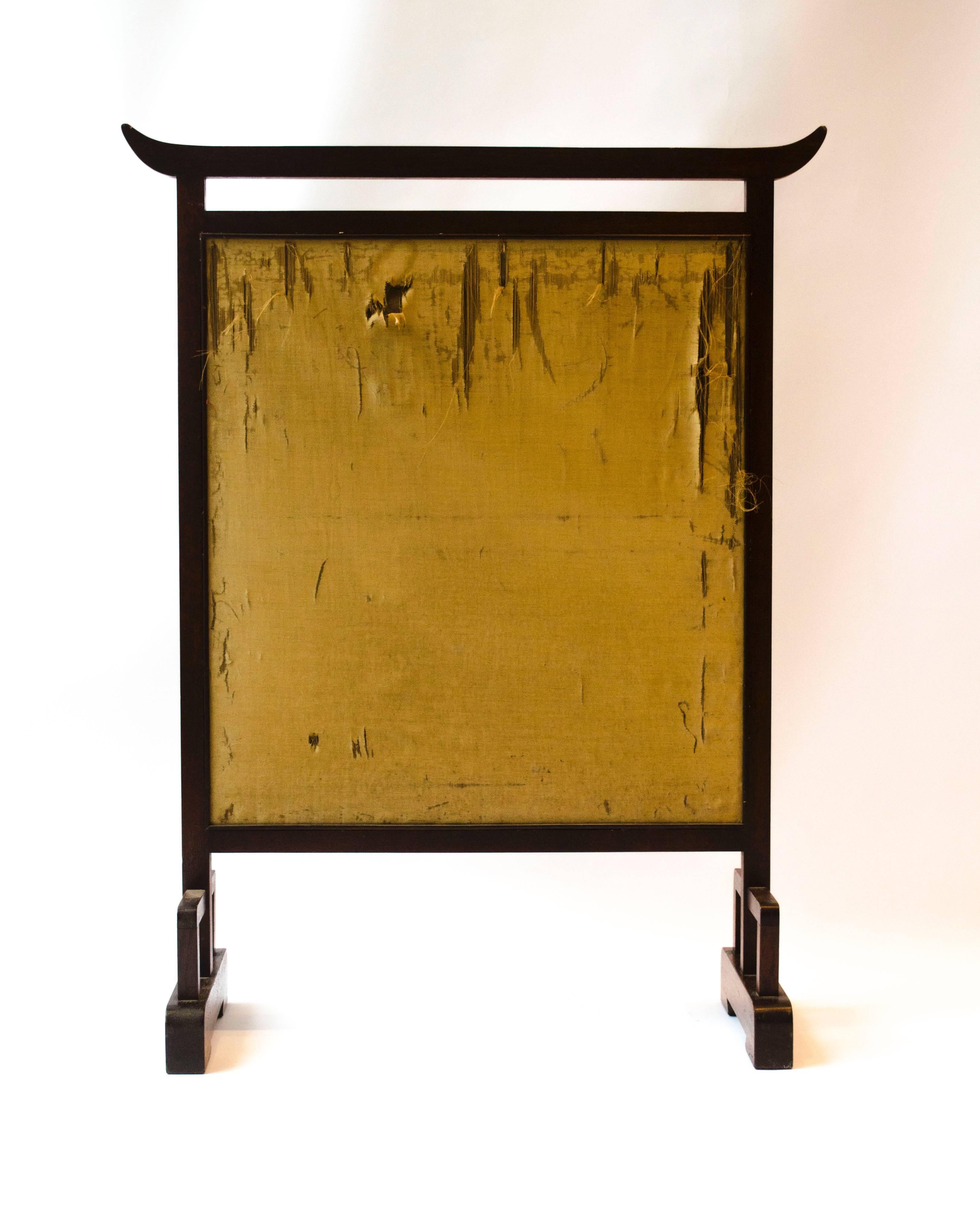 Anglo-Japanese E W Godwin. Anglo Japanese Mahogany Fire Screen with Original Silk Country Scene For Sale