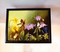 Aesthetic Movement ebonized side table with hand painted floral tile to the Top