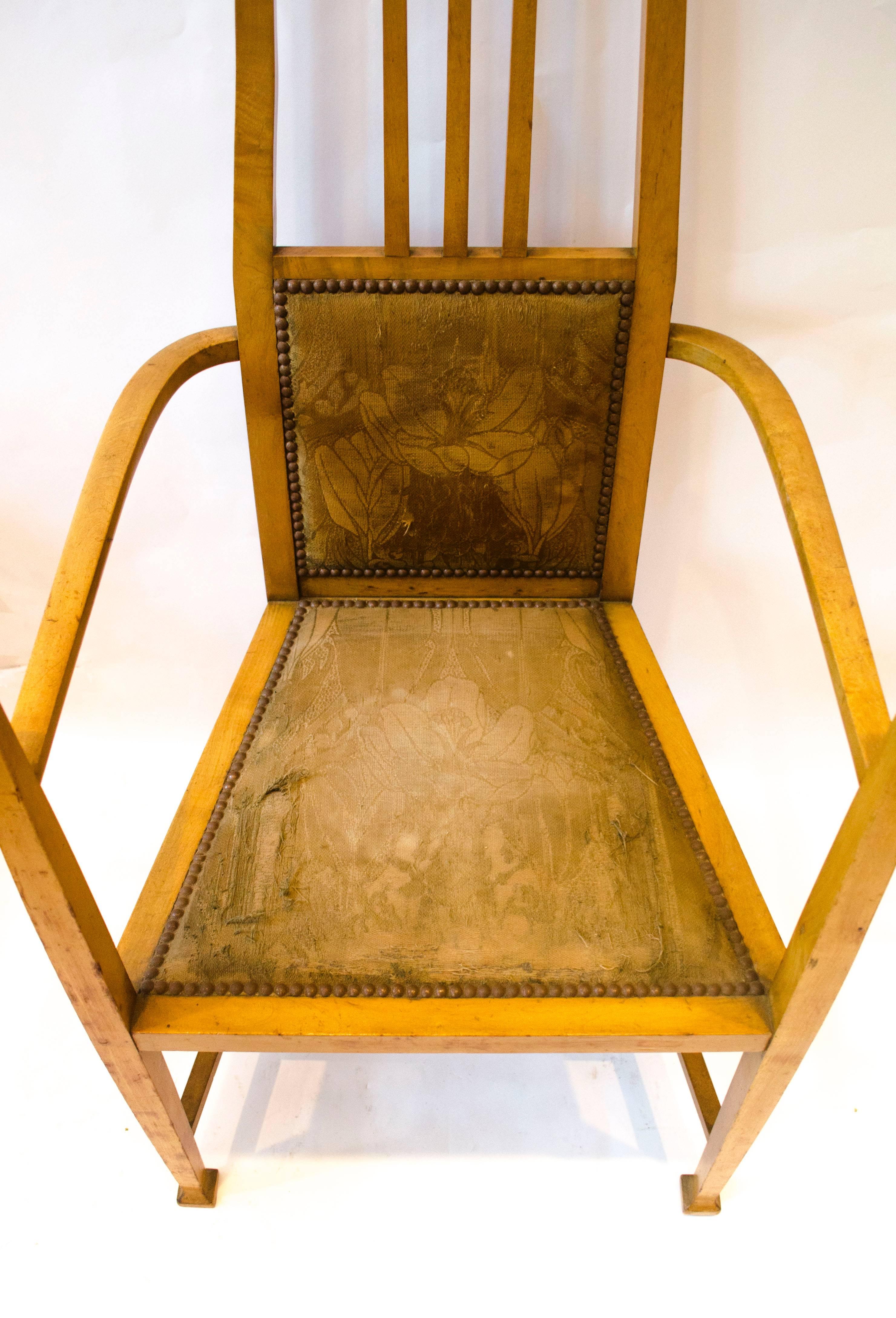 20th Century G M Ellwood for J S Henry. A Rare Satin Birch Arts and Crafts inlaid Armchair.
