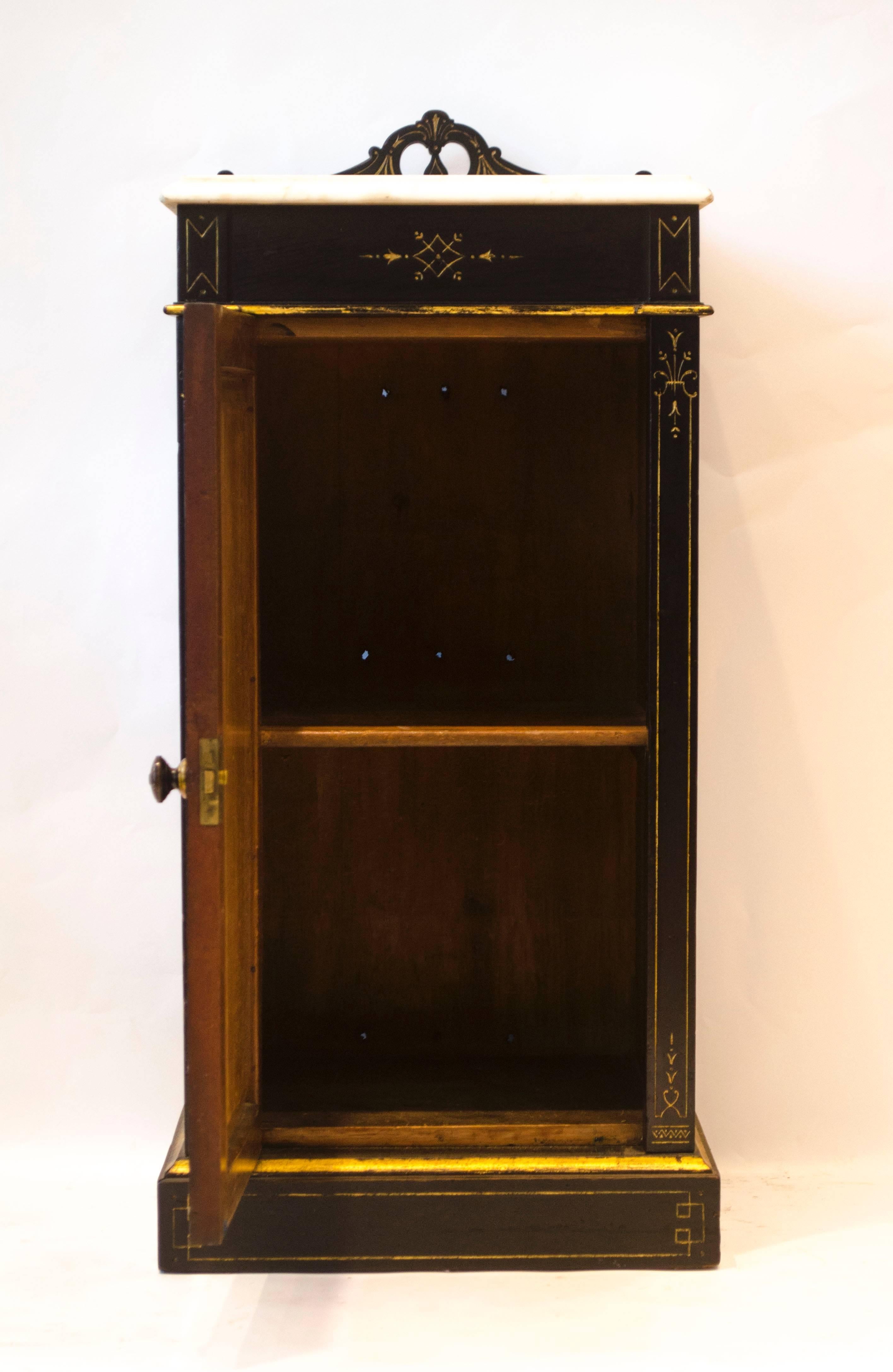 Heal & Son Aesthetic Movement Ebonized & Gilt Bedside Cupboard With Marble Top In Good Condition For Sale In London, GB