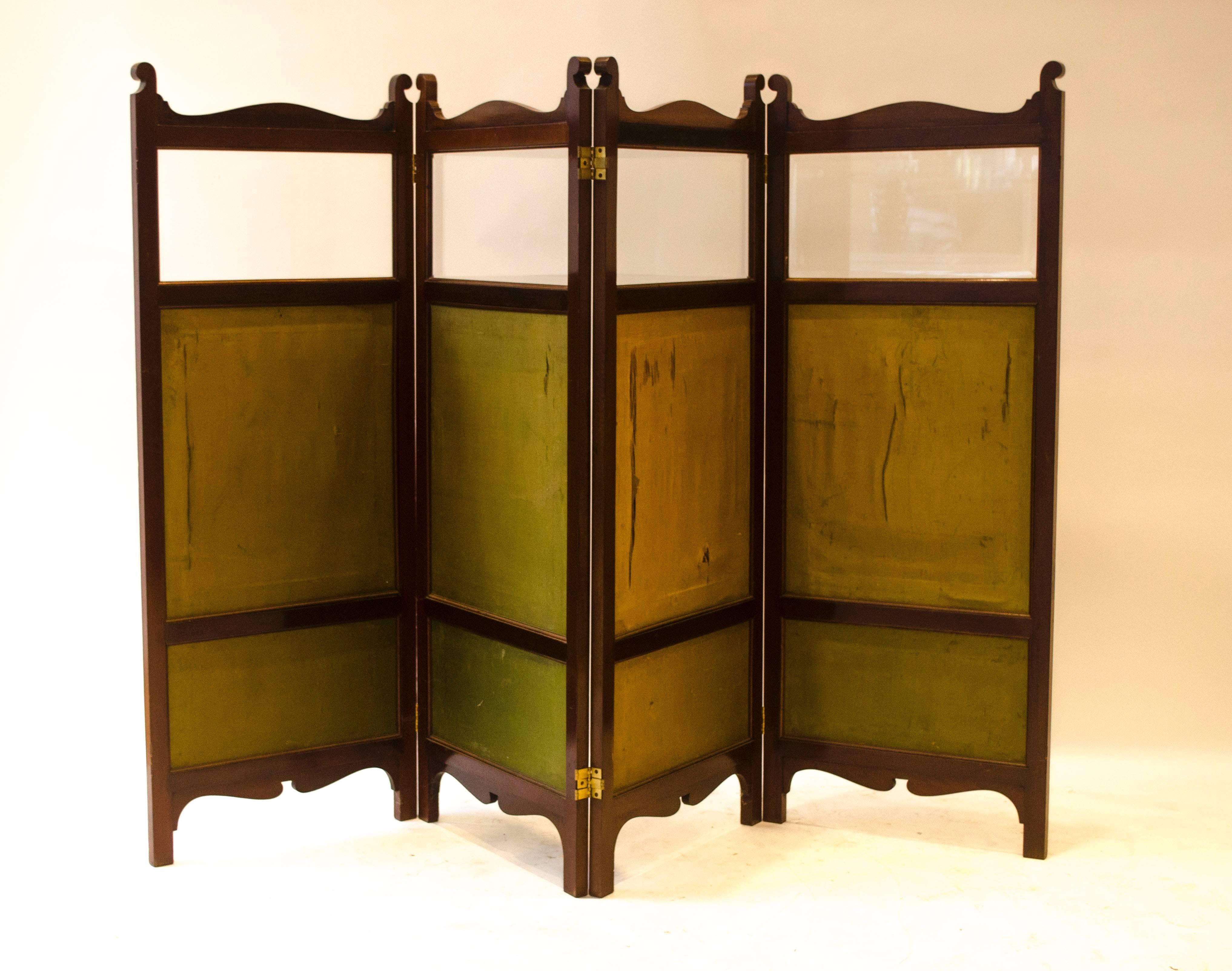 Edward William Godwin (attributed), a walnut four-fold screen, bevel glazed, with woven silk and velvet panels. This incorporates many design details of Godwin's Anglo-Japanese works. The woven silk and velvet panels as in the Godwin fire screen,