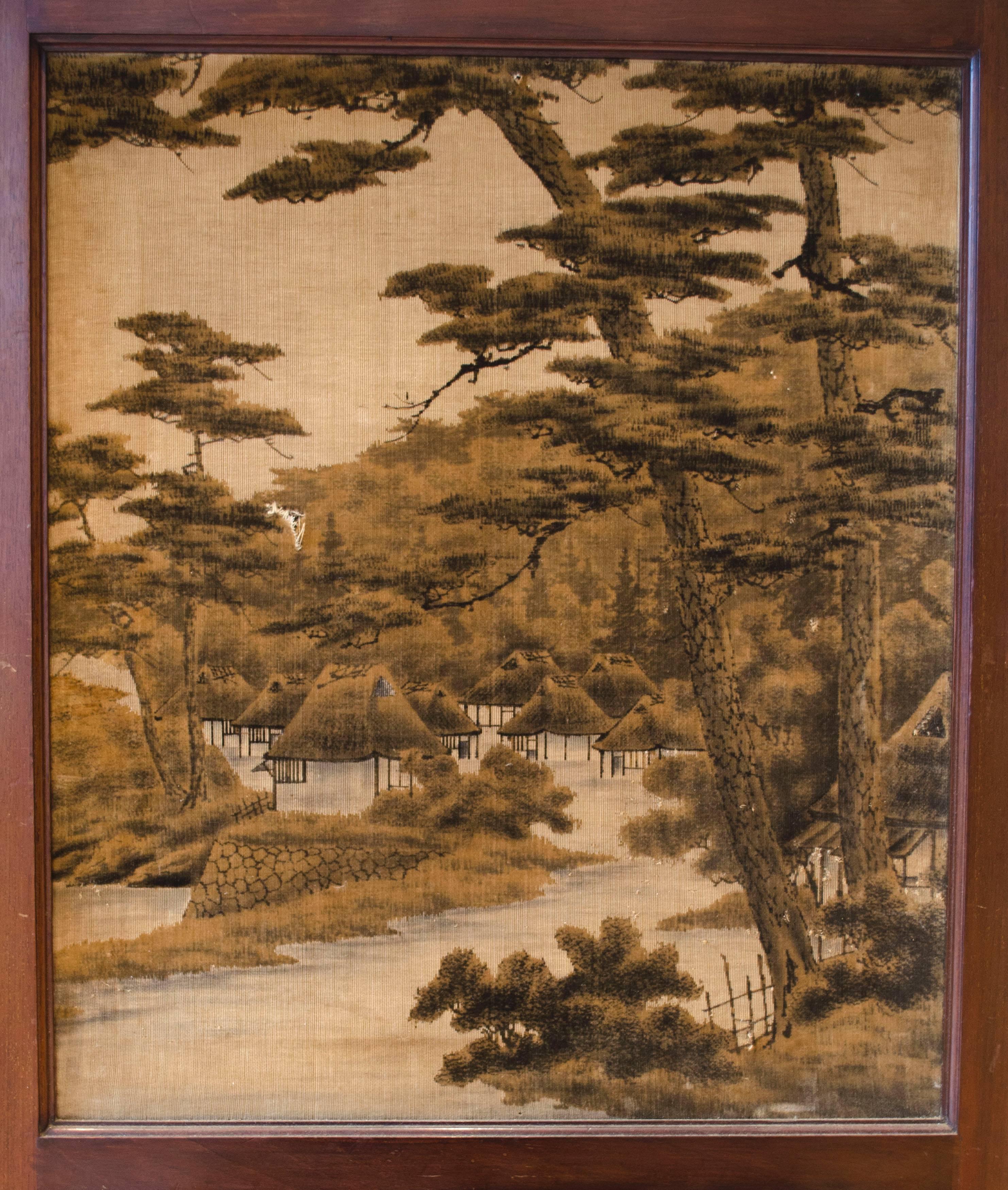E. W. Godwin, Attri An Anglo-Japanese Four-Fold Screen With Japanese Silk Scenes In Good Condition For Sale In London, GB