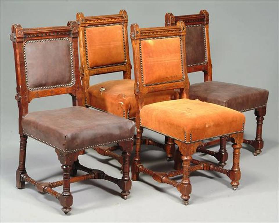 John Pollard Seddon (1827-1906), a pair of Gothic Revival oak dining chairs.

This light leather upholstered pair of dining chairs were made en suite with the very rare and important Gothic Revival armchair by J P Seddon for The Great Exhibition of