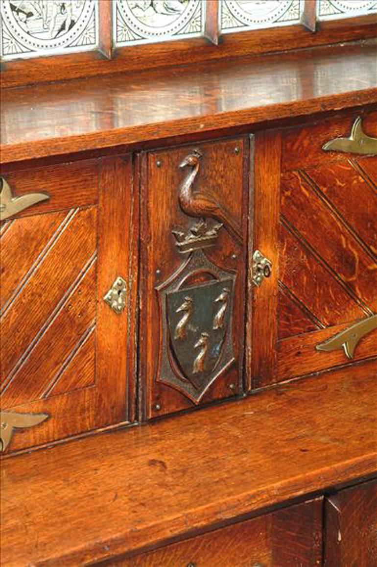 Late 19th Century John Pollard Seddon attr, Gothic Revival Oak Sideboard, Minton Shakespeare Tiles