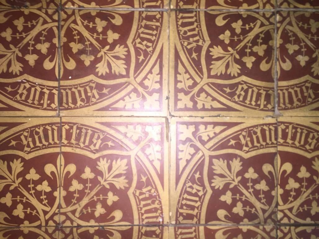 The Sanctus pugin tiles came from St Josephs, Bootle docks. Liverpool. There are 245 in total and five more that have been glued back together making 250. There are 16 in the image here and 16 make up a 2’ square panel so there is quite a big area