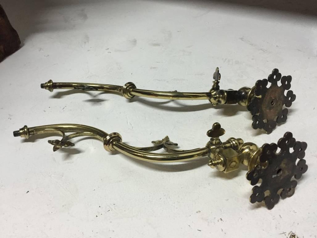 English AWN Pugin. A Pair of Gothic Revival Brass Wall Lights Designed for Chirk Castle.