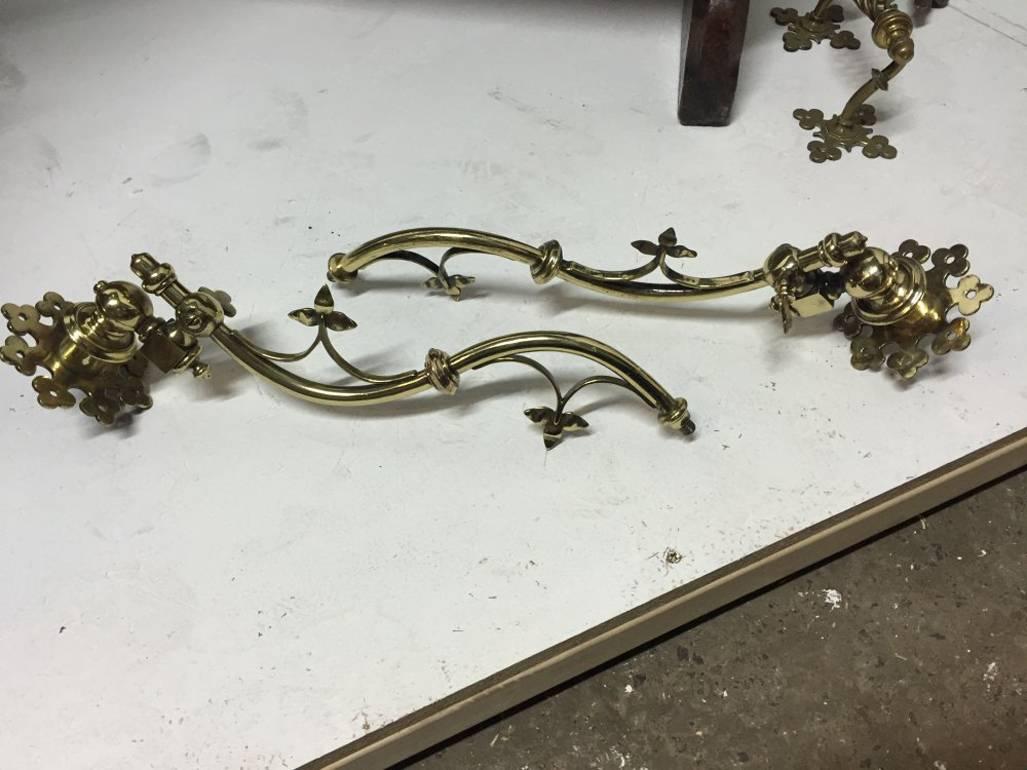 19th Century AWN Pugin. A Pair of Gothic Revival Brass Wall Lights Designed for Chirk Castle.