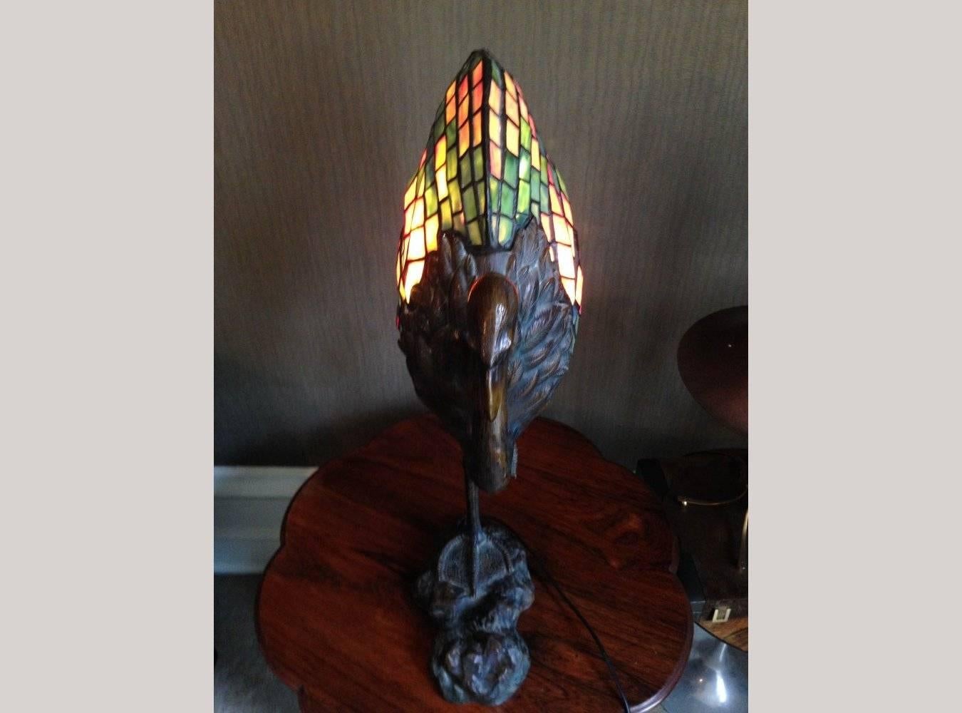 Hand-Crafted Alberic Collin A Bronze Lamp Modelled as a Flamingo & Tiffany Style Lead Glass