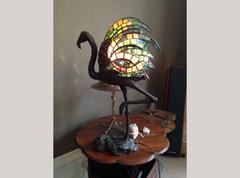 Alberic Collin A Bronze Lamp Modelled as a Flamingo & Tiffany Style Lead Glass