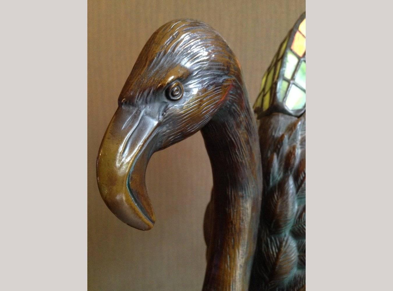 Alberic Collin A Bronze Lamp Modelled as a Flamingo & Tiffany Style Lead Glass In Good Condition In London, GB
