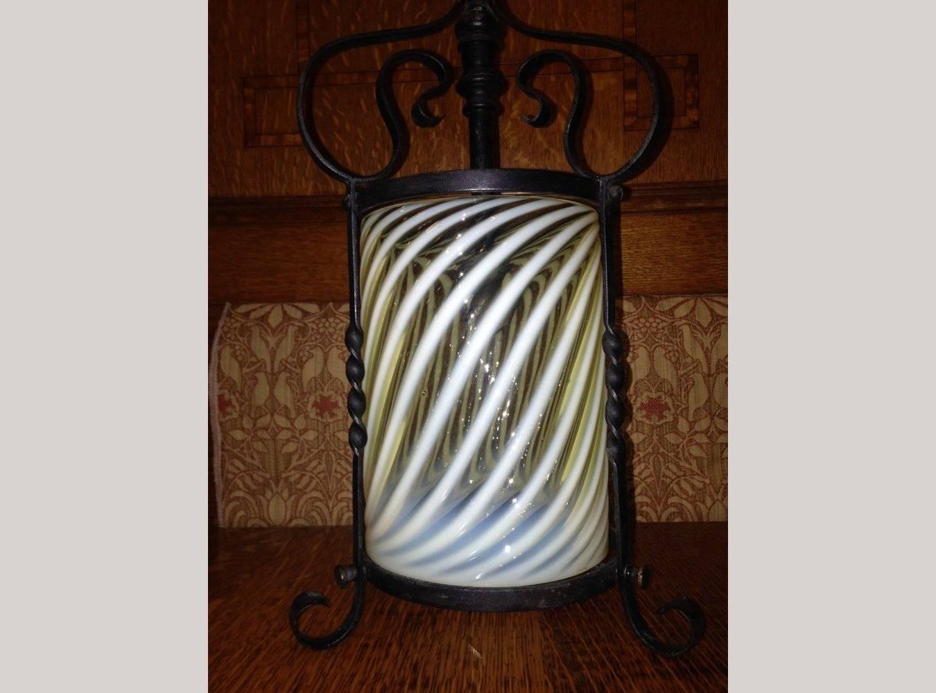 English Arts & Crafts Iron Lantern with Original Swirling Vaseline/Uranium Glass shade. For Sale