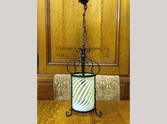Arts & Crafts Iron Lantern with Original Swirling Vaseline/Uranium Glass shade.