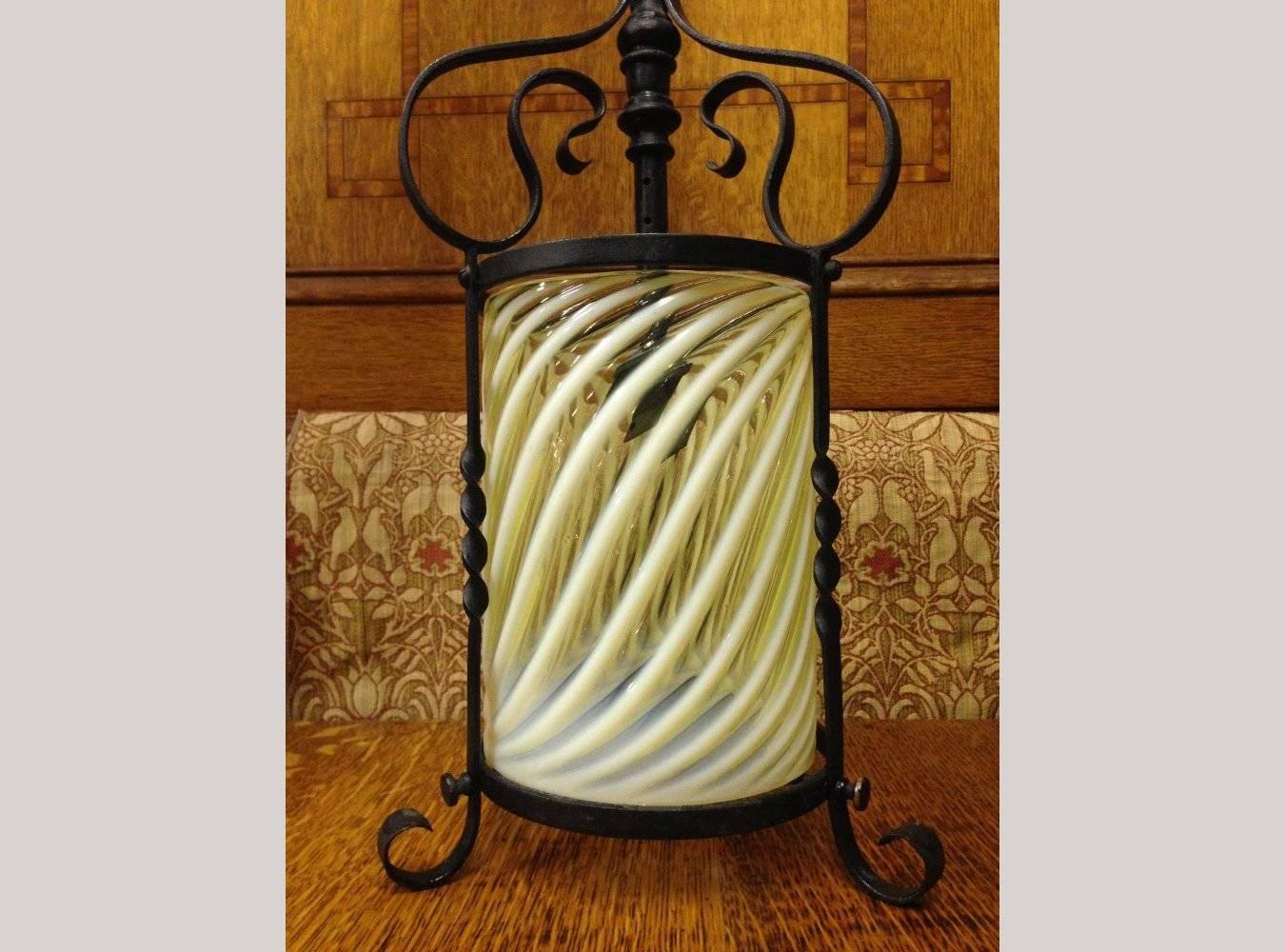 Arts and Crafts Arts & Crafts Iron Lantern with Original Swirling Vaseline/Uranium Glass shade. For Sale