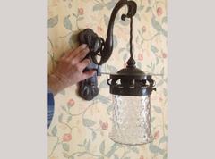 Six.Three pairs of Arts and Crafts hand made iron wall lights with mottled shade