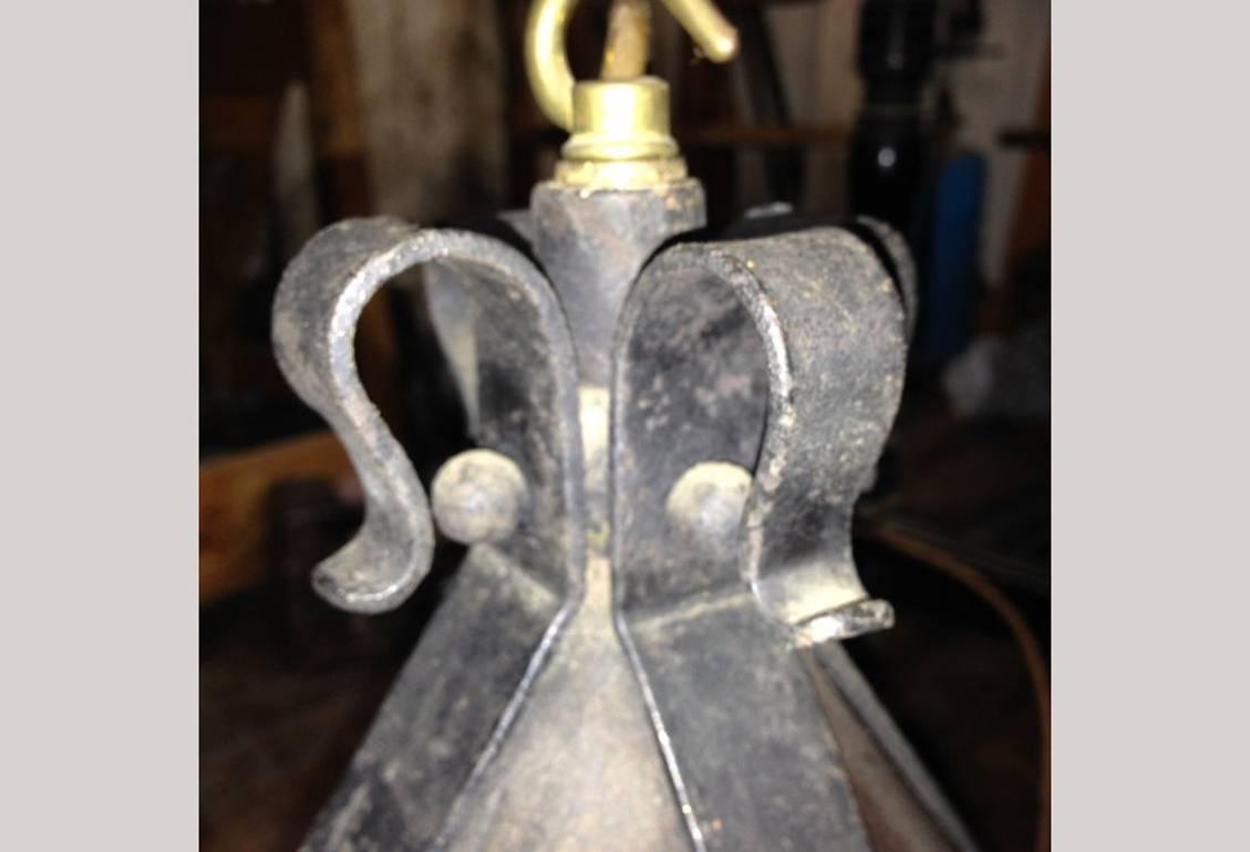 English A Large Arts and Crafts Iron Lantern Retaining the Original Dappled Amber Shade. For Sale