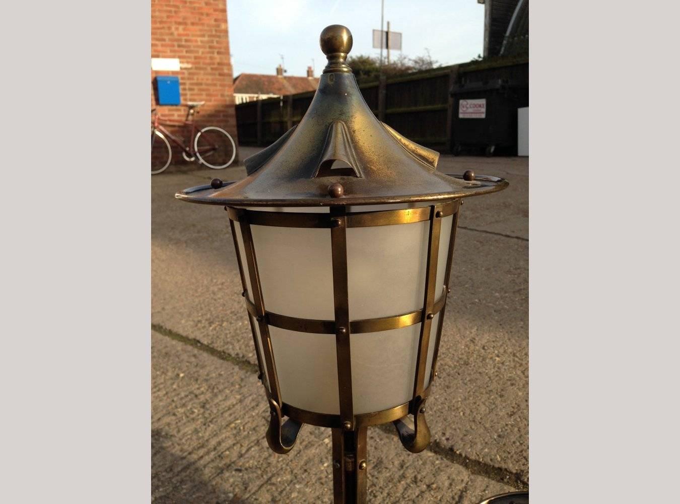 English An Arts and Crafts Copper Stair Post Lantern with Matching Hall Lantern For Sale