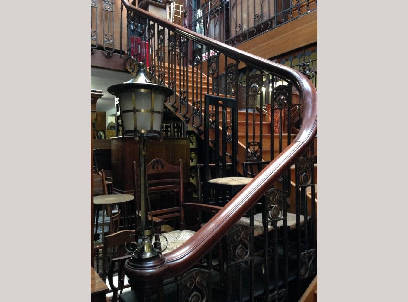 An Arts and Crafts Copper Stair Post Lantern with Matching Hall Lantern For Sale 2