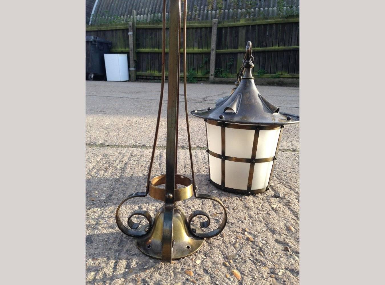 20th Century An Arts and Crafts Copper Stair Post Lantern with Matching Hall Lantern For Sale