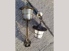 An Arts and Crafts Copper Stair Post Lantern with Matching Hall Lantern