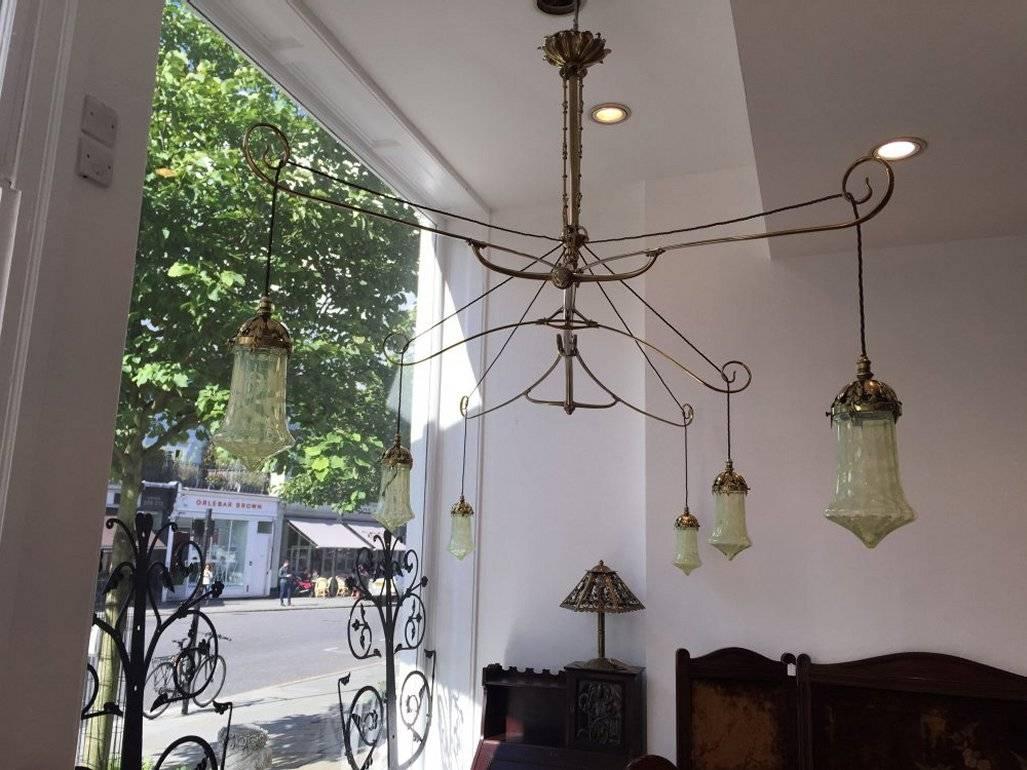 W A S Benson. An exceptional and extremely rare Arts and Crafts brass billiard or snooker table chandelier which would also work perfectly as a dining table light, hall light lounge light. 
This is probably the only one of this model known to exist