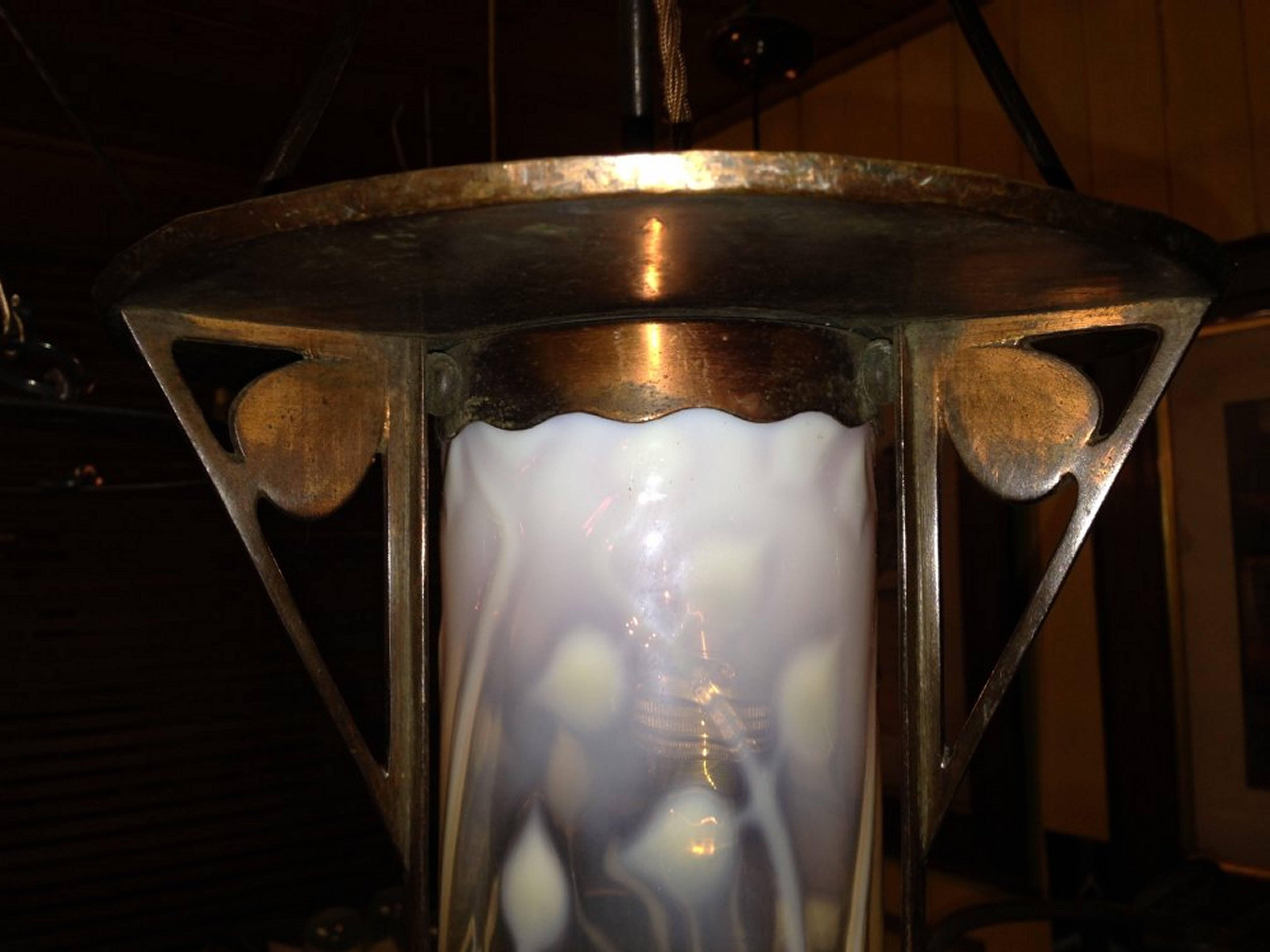 English An Arts & Crafts Copper Lantern with Original Vaseline/Uranium Cranberry Shade For Sale