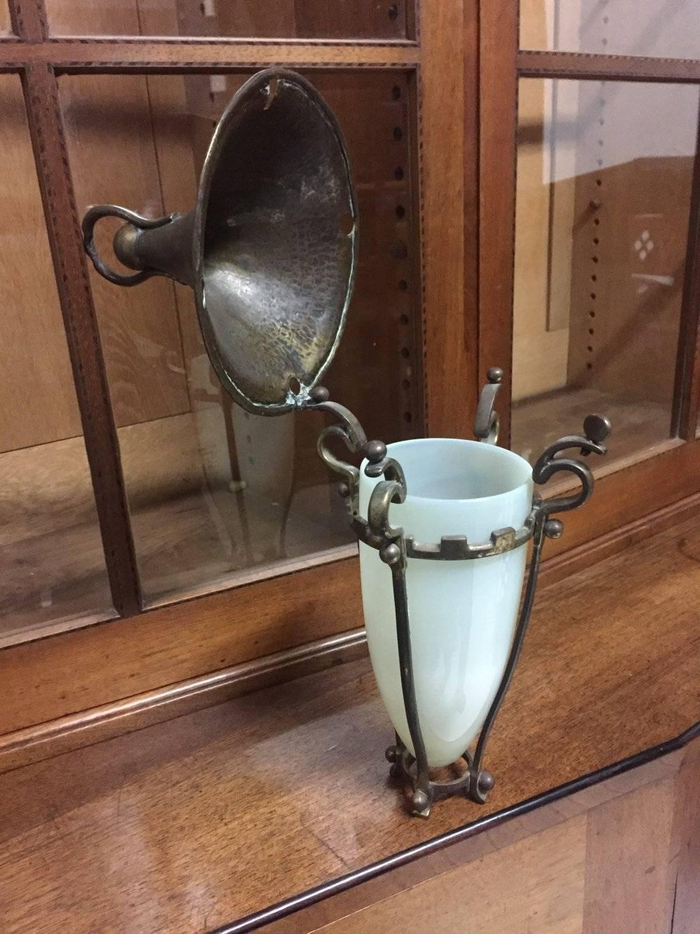 English Arts & Crafts Copper & Brass Conical Lantern With Vaseline/Uranium Glass Shade.