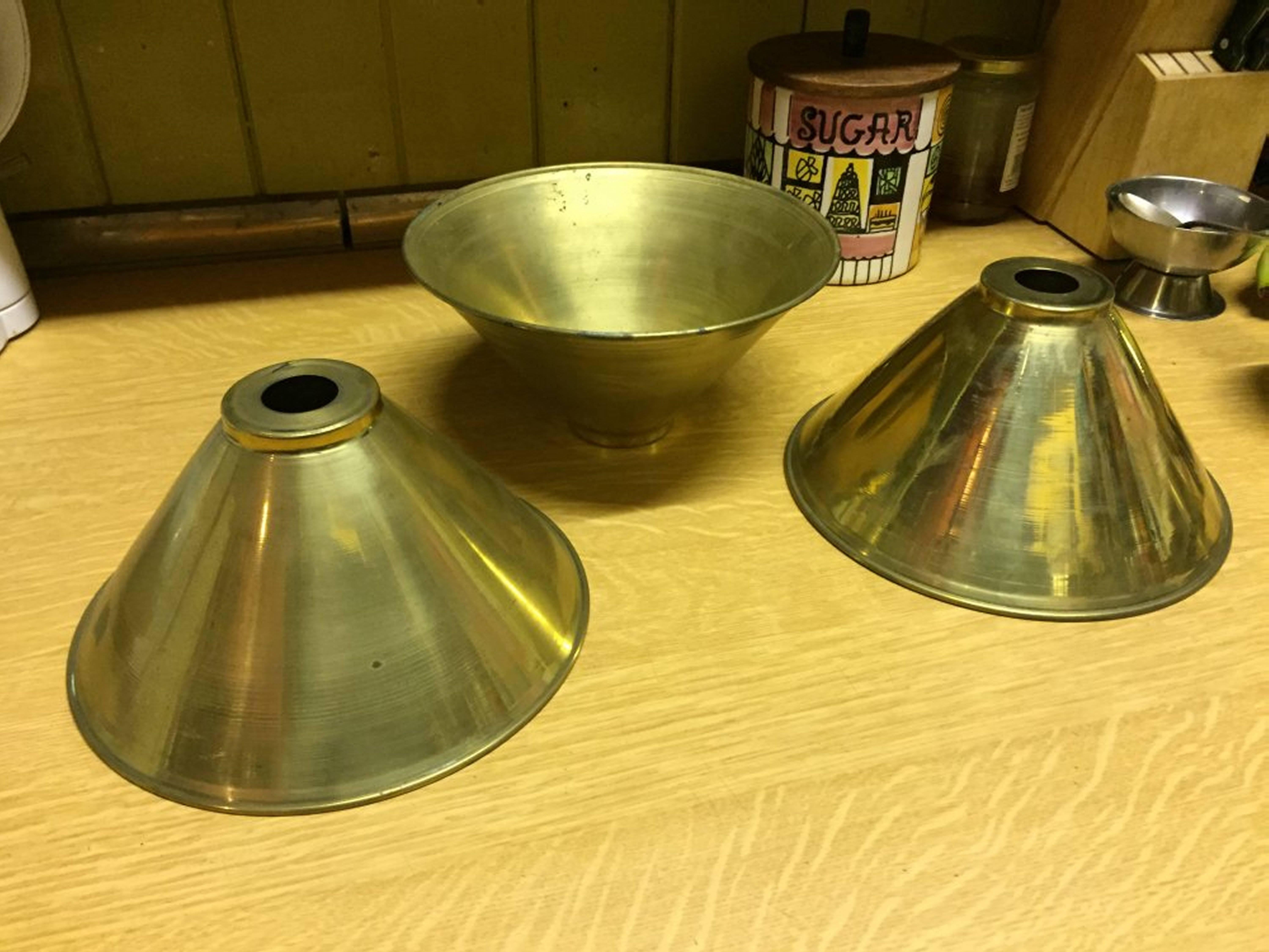A set of six Arts & Crafts brass conical shaped light shades. 
This set of six would also work very well on a large snooker table light or together hung separately in a large room.
    
   