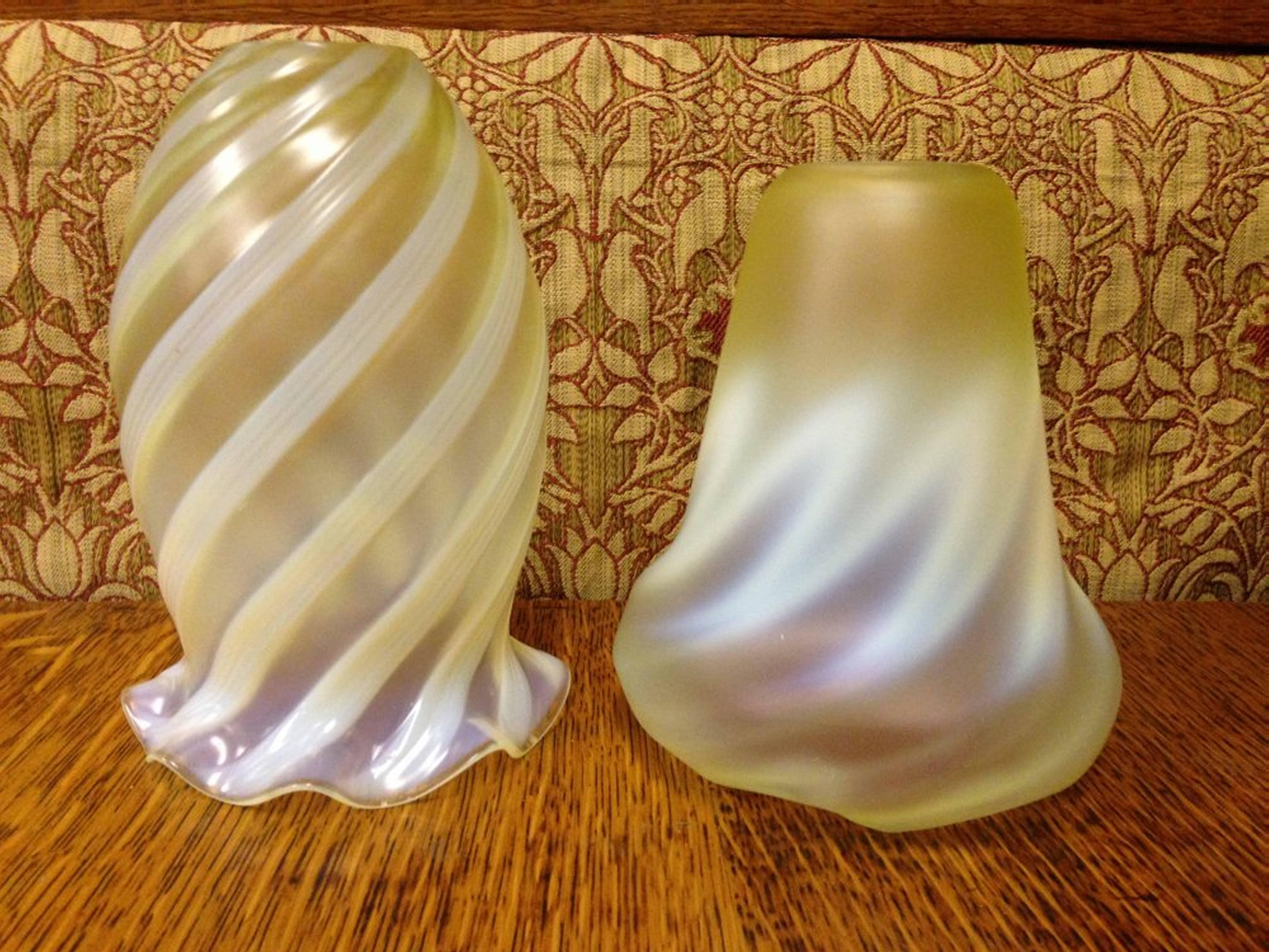 Left : SOLD An Arts and Crafts Vaseline/Uranium Glass Shade with swirl details. SOLD

Right : A zig-zag Arts and Crafts Vaseline/Uranium Glass Shade  £450.
Right height 5 1/4