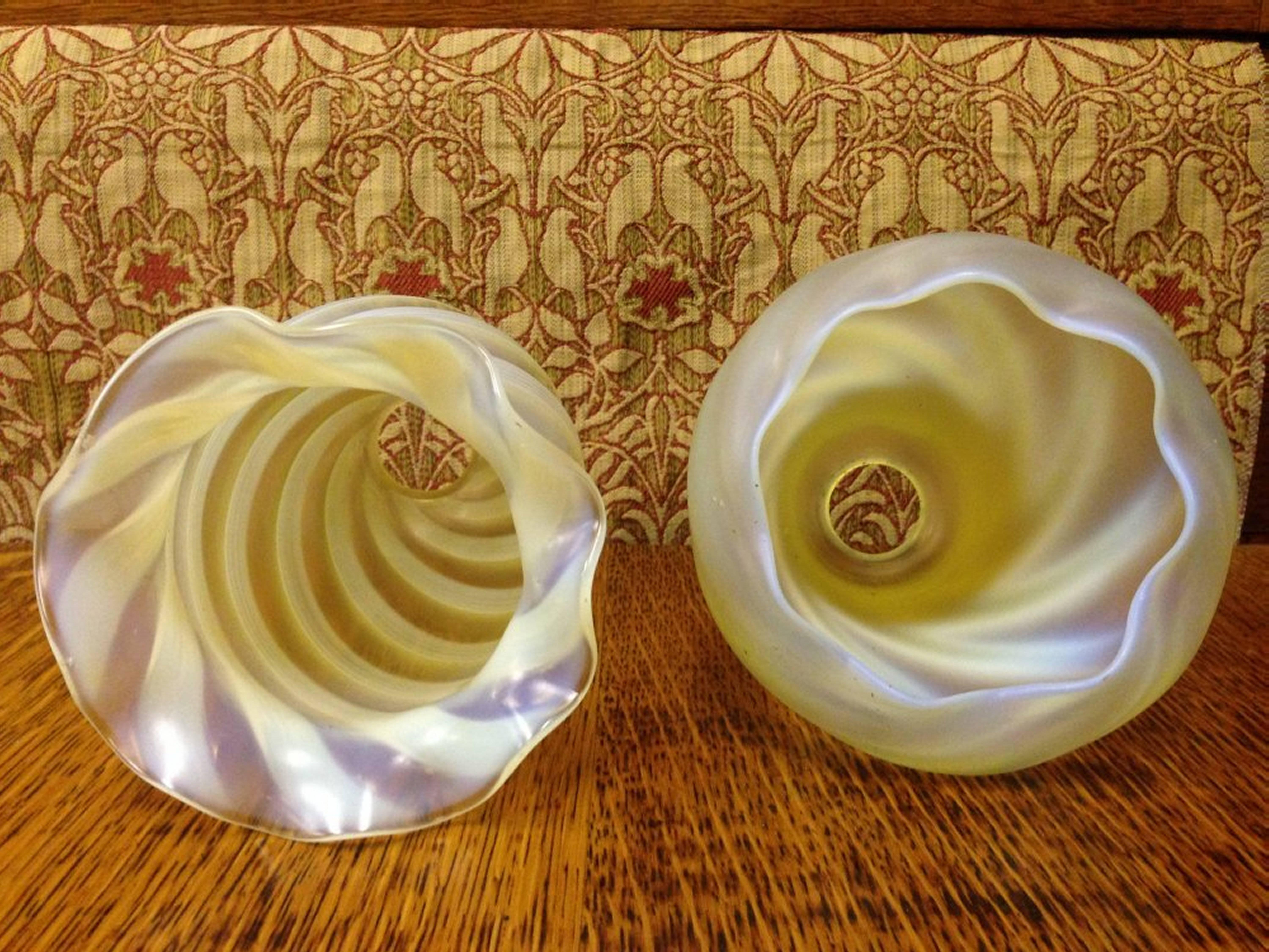 Hand-Crafted One Arts & Crafts Vaseline/Uranium Glass Shades, One Swirl, One Zigzag Patterned For Sale