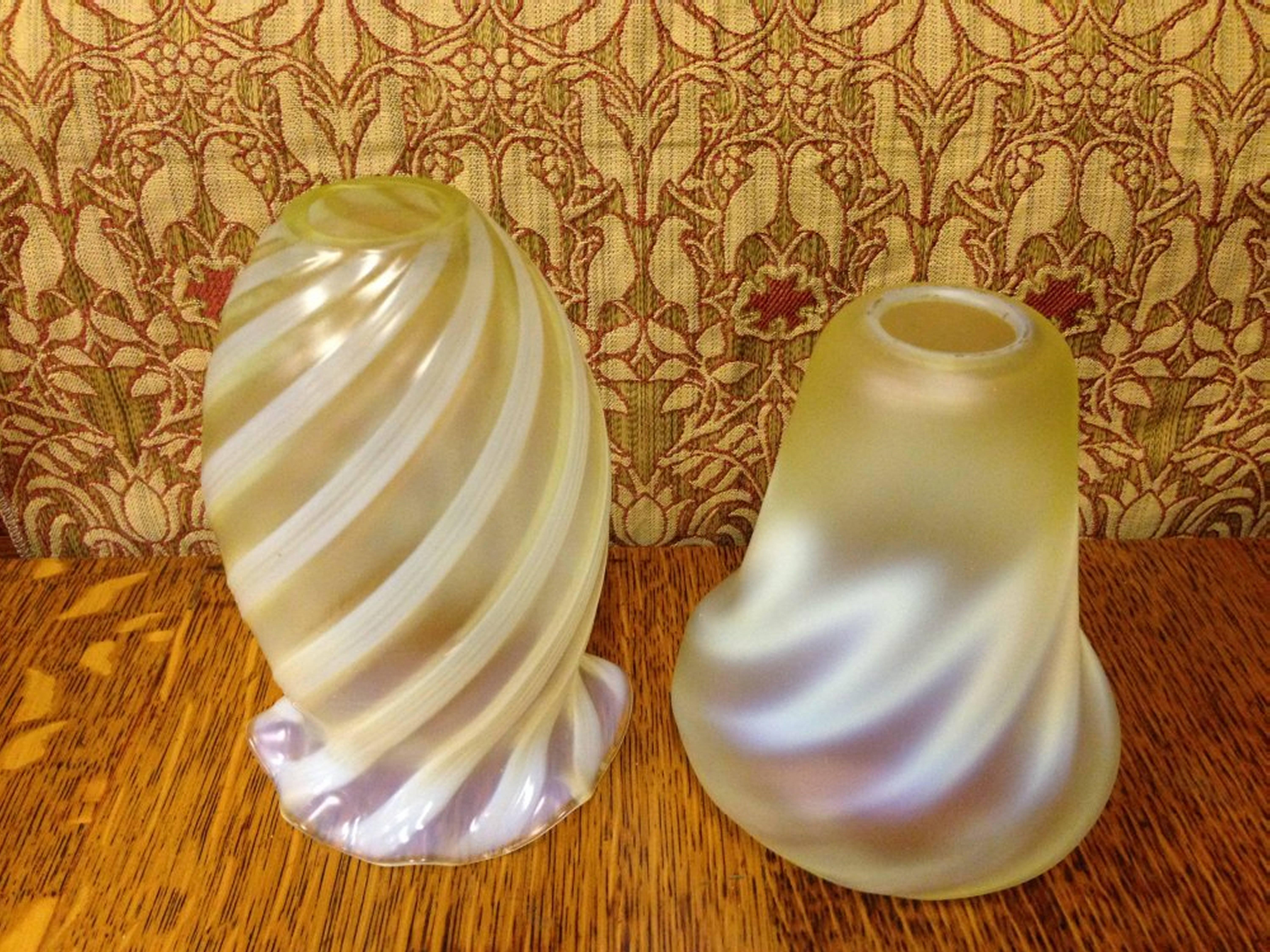 Arts and Crafts One Arts & Crafts Vaseline/Uranium Glass Shades, One Swirl, One Zigzag Patterned For Sale