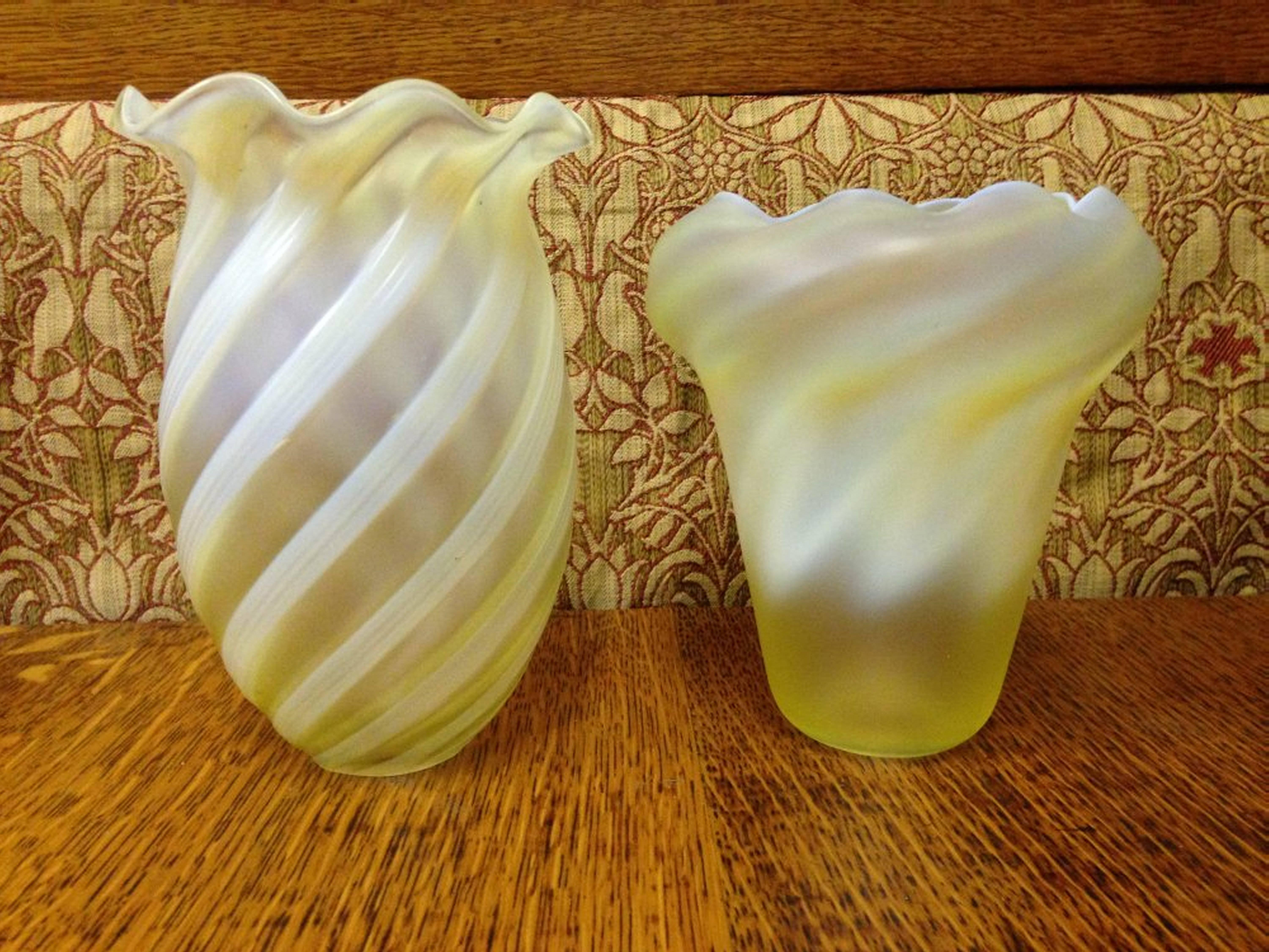 English One Arts & Crafts Vaseline/Uranium Glass Shades, One Swirl, One Zigzag Patterned For Sale