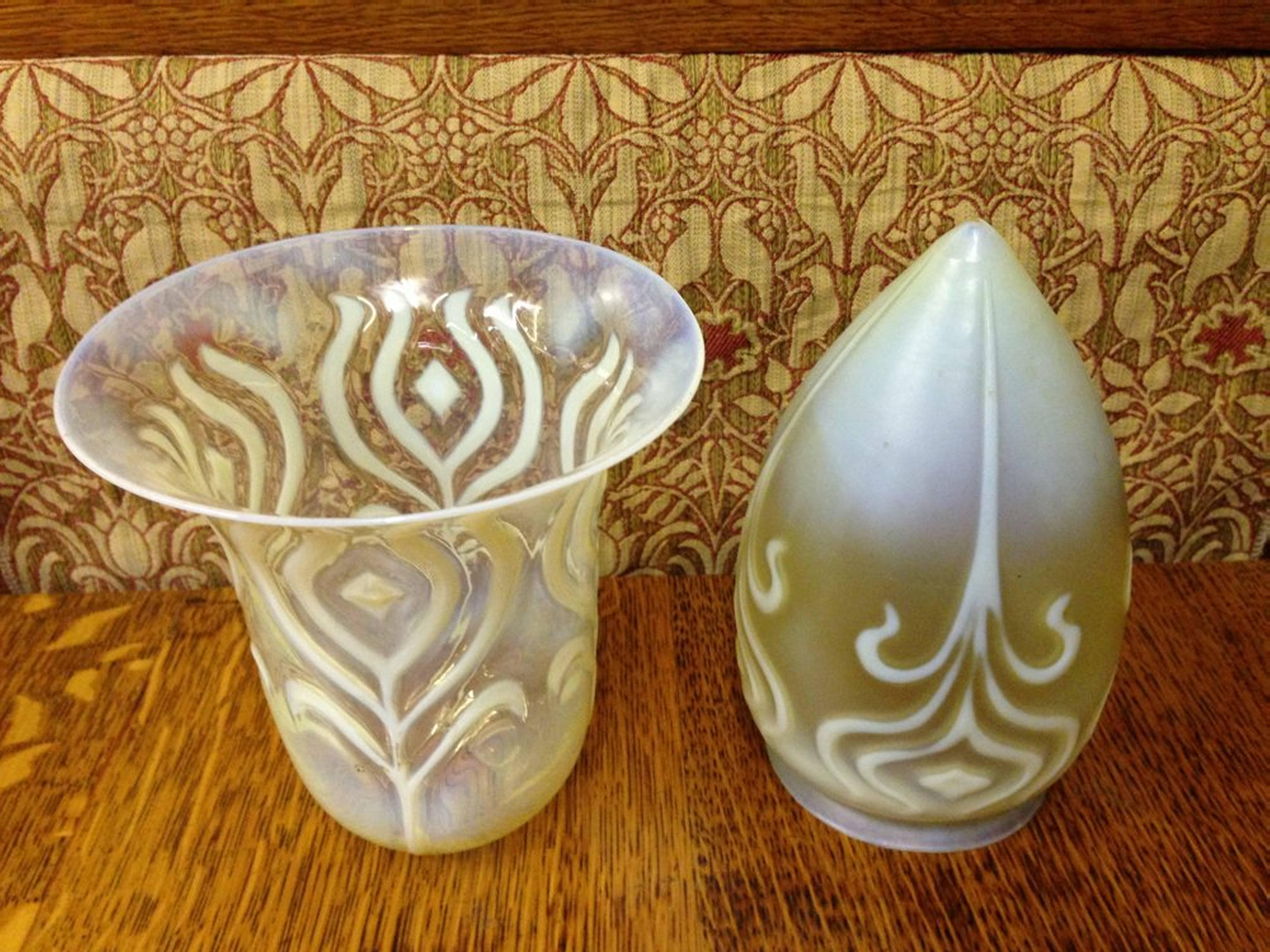 Two peacock feather Vaseline shades.
Left :Open Trumpet Vaseline shade, height 5 3/4