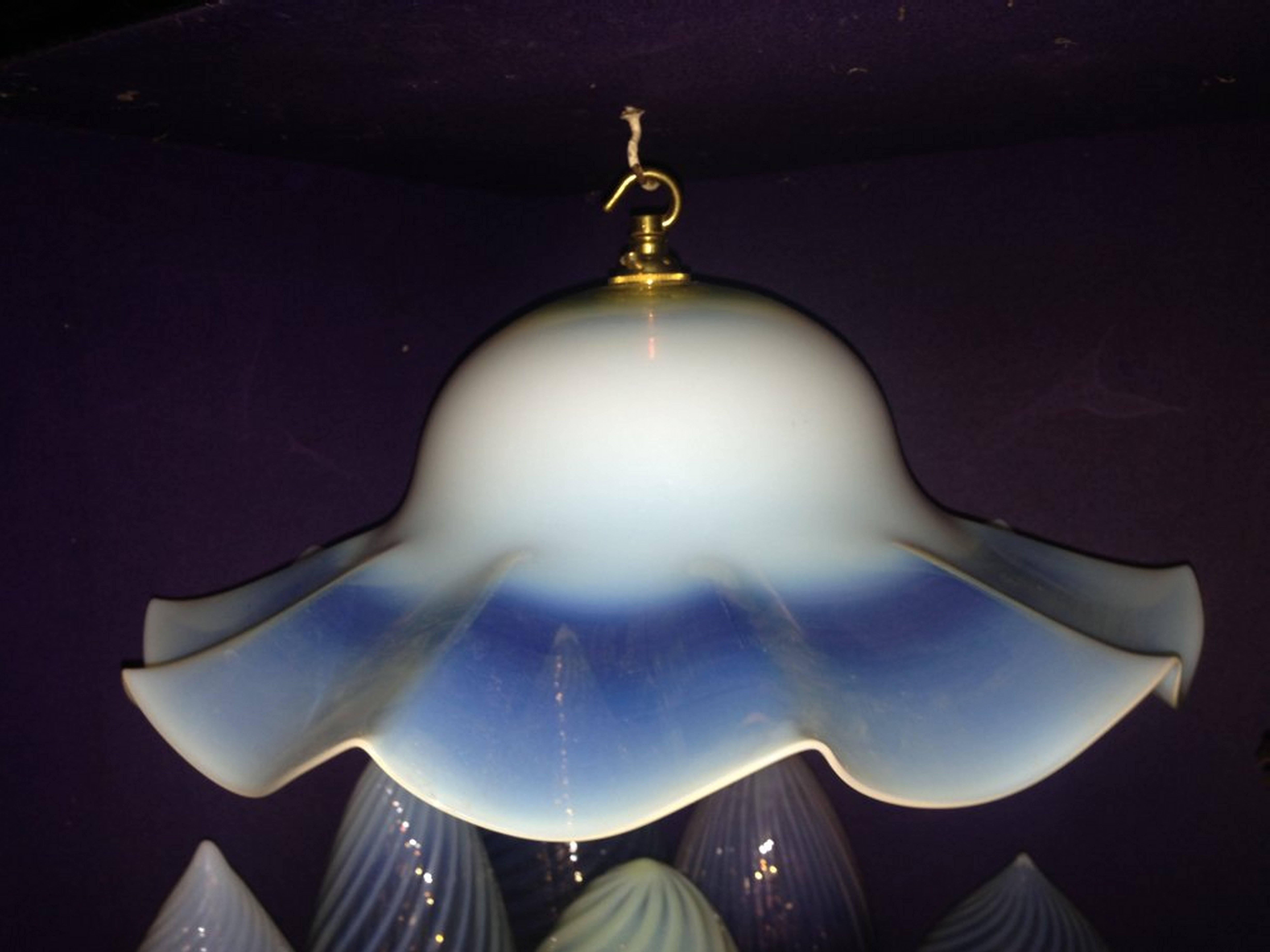 Ein großes und beeindruckendes Paar von Arts and Crafts Vaseline/Uranium Glasschirmen.
Höhe ohne Glühbirnenfassung 5 1/2