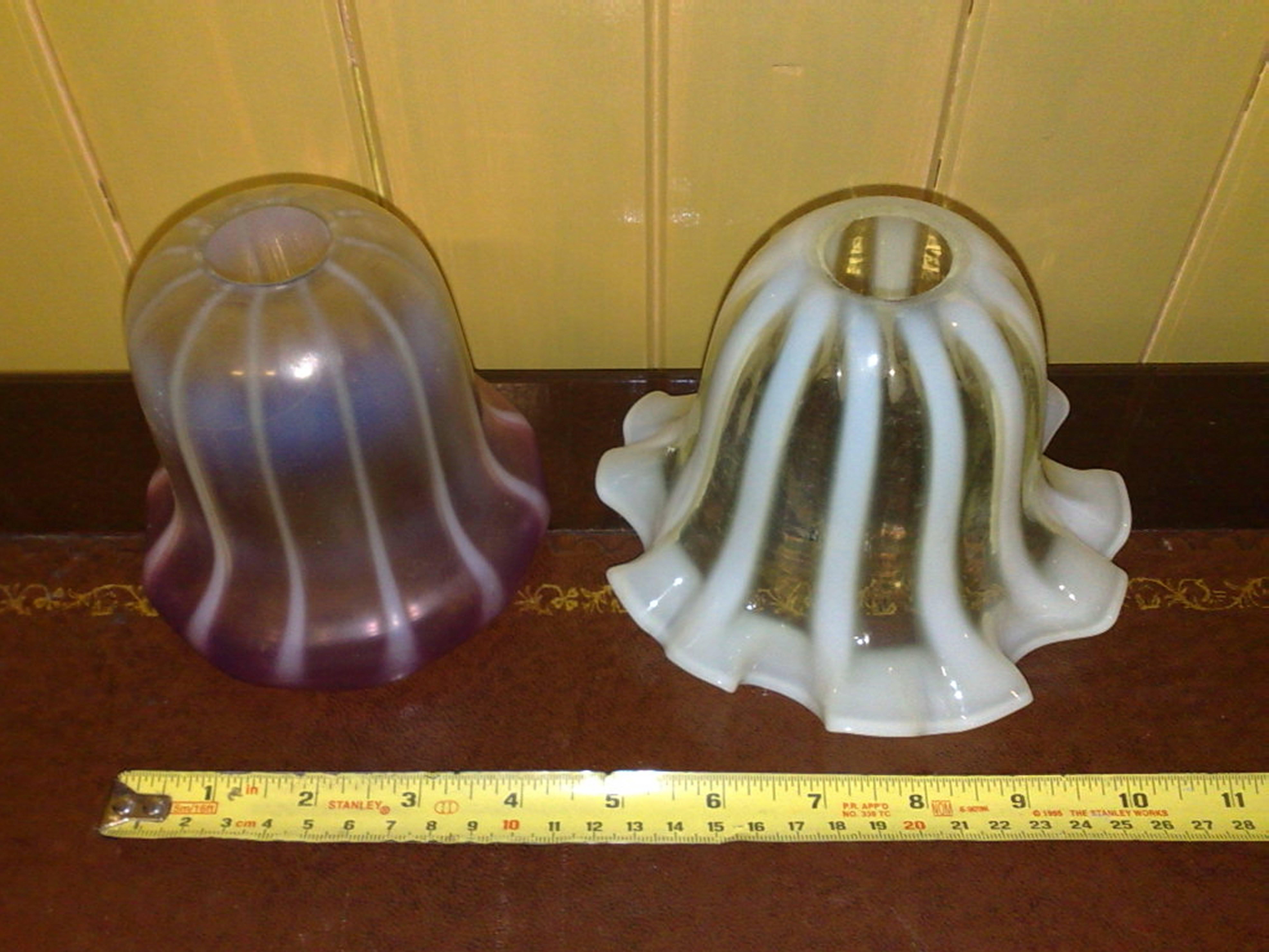 English Two Striped Arts and Crafts Vaseline/Uranium & Cranberry Glass Shades  For Sale