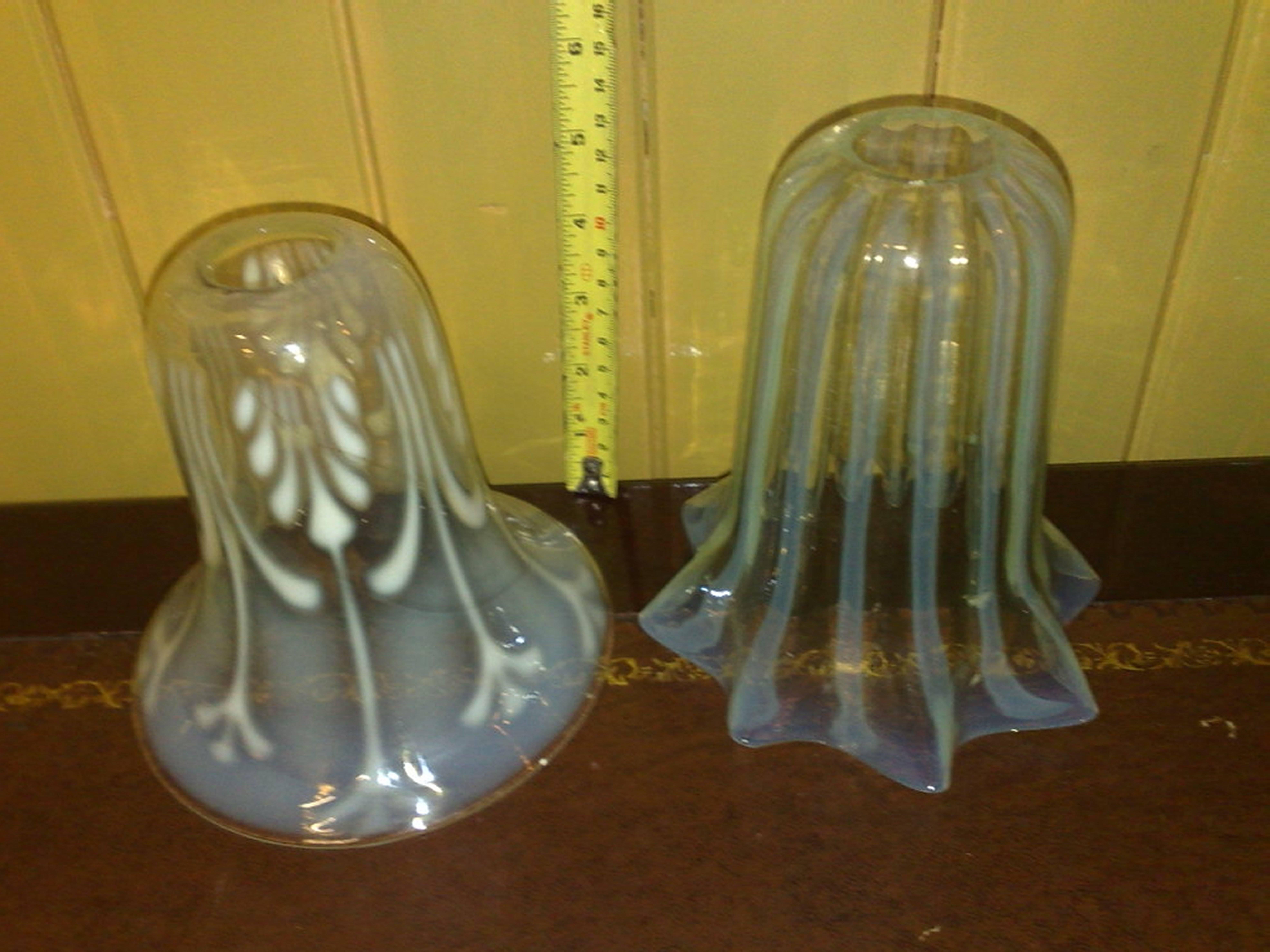 Left hand side. Vaseline shade. £SOLD.
Right hand side. Arts and Crafts Vaseline/Uranium Glass Shade. Height 6 1/4