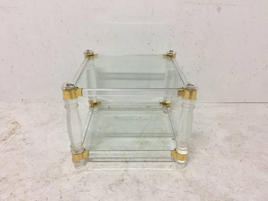 Mid-Century Modern A French Modernist Square Lucite & Brass Two-Tier Side Table on Curvaceous Legs For Sale