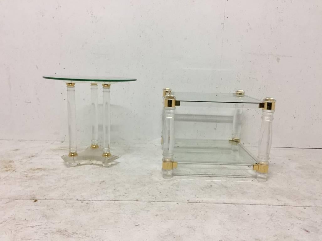 20th Century A French Mid-Century Modern Circular Lucite and Brass Side Table. For Sale
