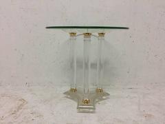 A French Mid-Century Modern Circular Lucite and Brass Side Table.