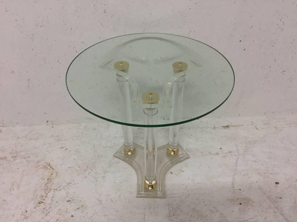 Machine-Made A French Mid-Century Modern Circular Lucite and Brass Side Table. For Sale