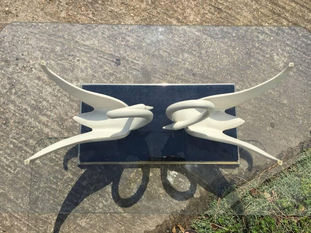 Rare Coffee Table by Maison Jansen with White Composite Swans with Glass Top In Good Condition For Sale In London, GB