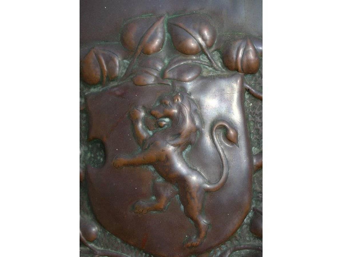 Fired Large Arts and Crafts Copper Fire Insert with a Lion in a Shield Crest For Sale