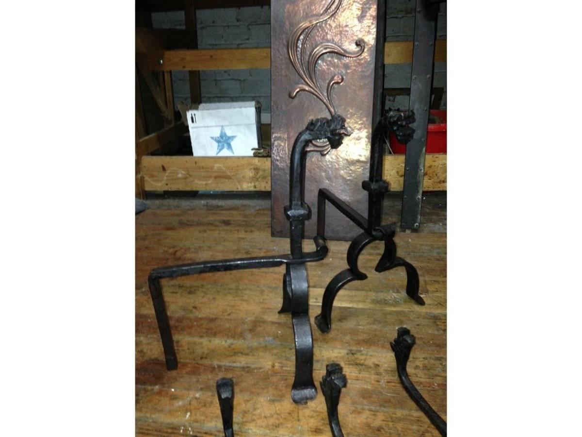 Late 19th Century Good Set of Four Arts and Crafts Hand-Forged Fire Utensils with Matching Dogs