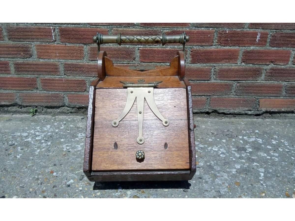 English  Dr C Dresser for Benham & Froud A Gothic Revival Oak Coal Box with Brass Hinges For Sale