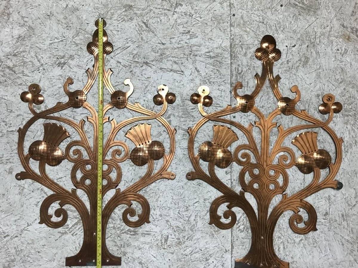 Pair of Handcrafted Gothic Revival Copper Hinges with Thistle Decoration In Good Condition For Sale In London, GB