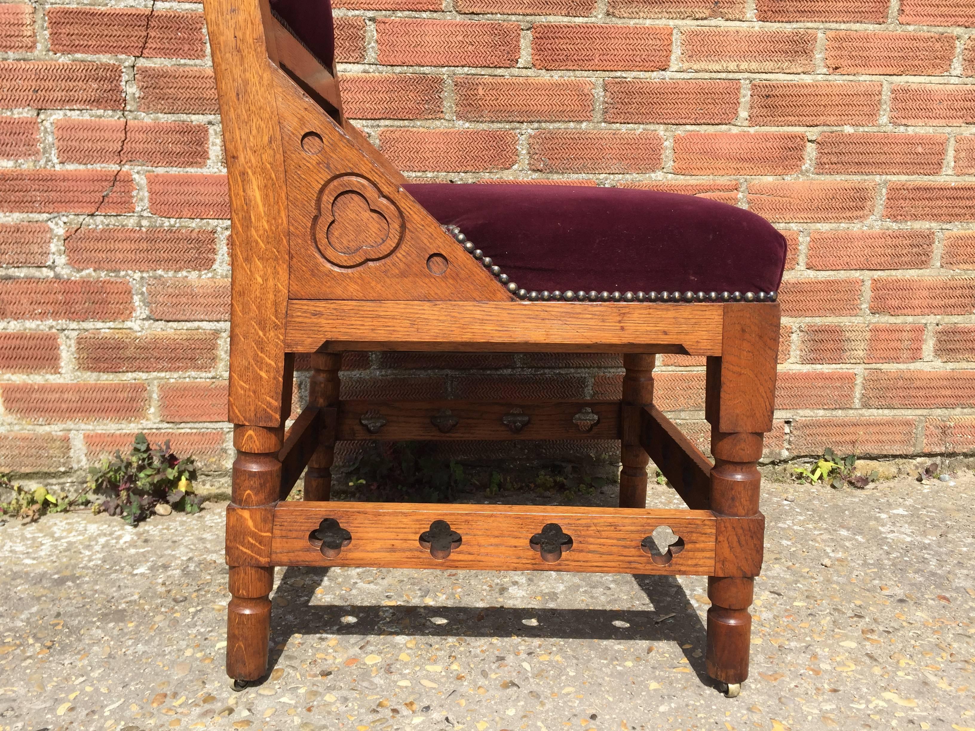 Hand-Crafted Four Interesting Gothic Revival Oak Dining Chairs in the Style of William Burges