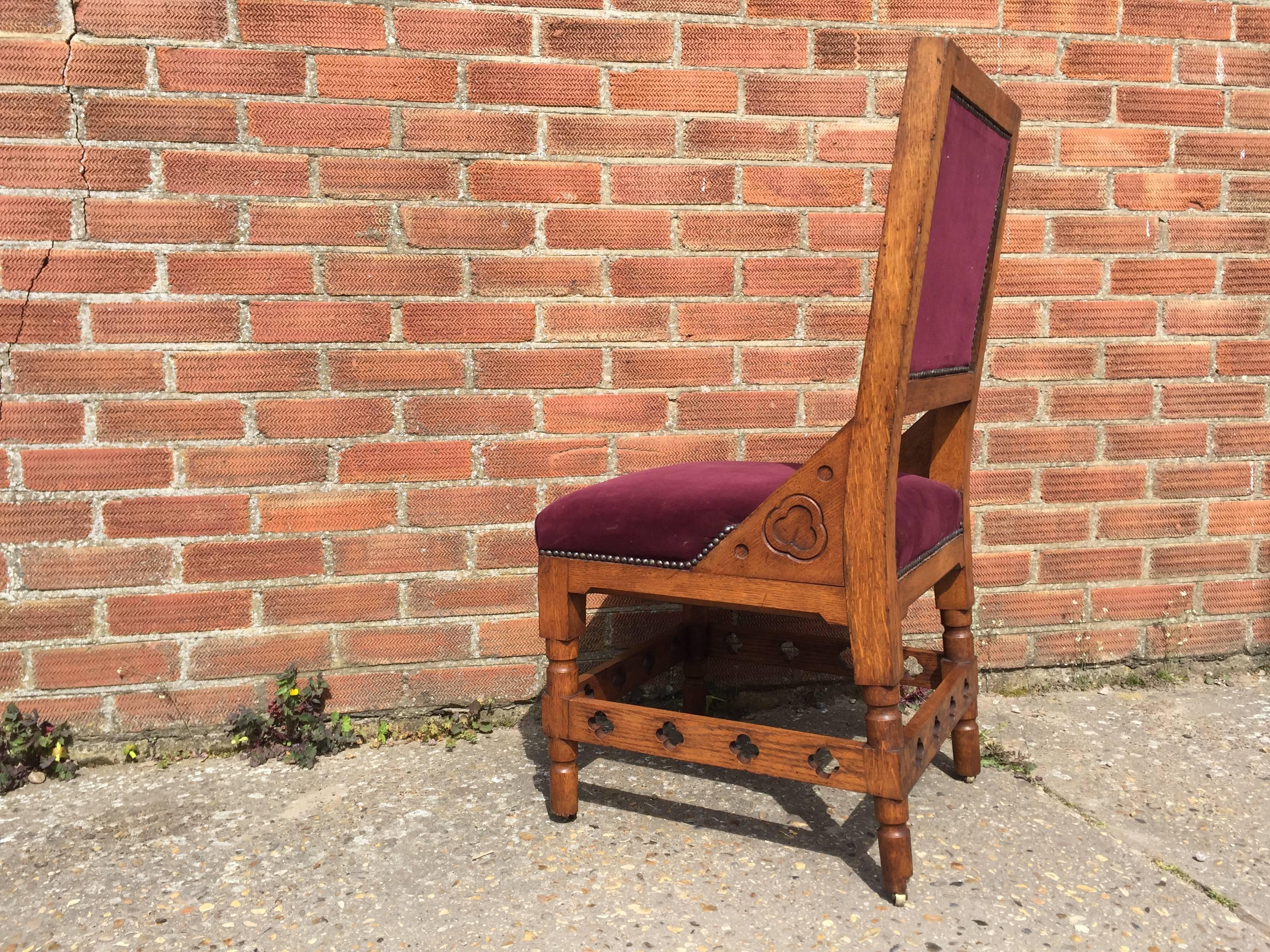 English Four Interesting Gothic Revival Oak Dining Chairs in the Style of William Burges