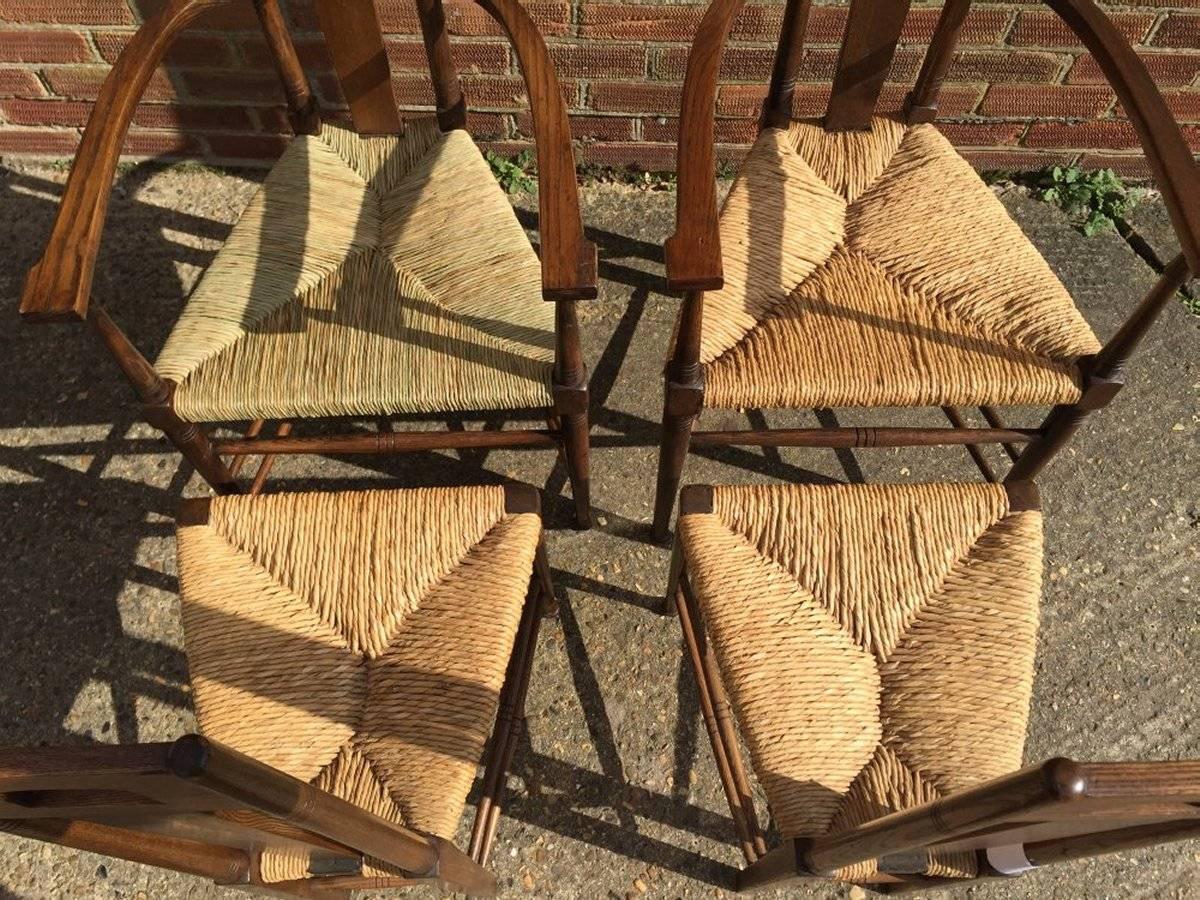 English E G Punnet Attri, for William Birch Set of Four Glasgow School Oak & Rush Chairs For Sale