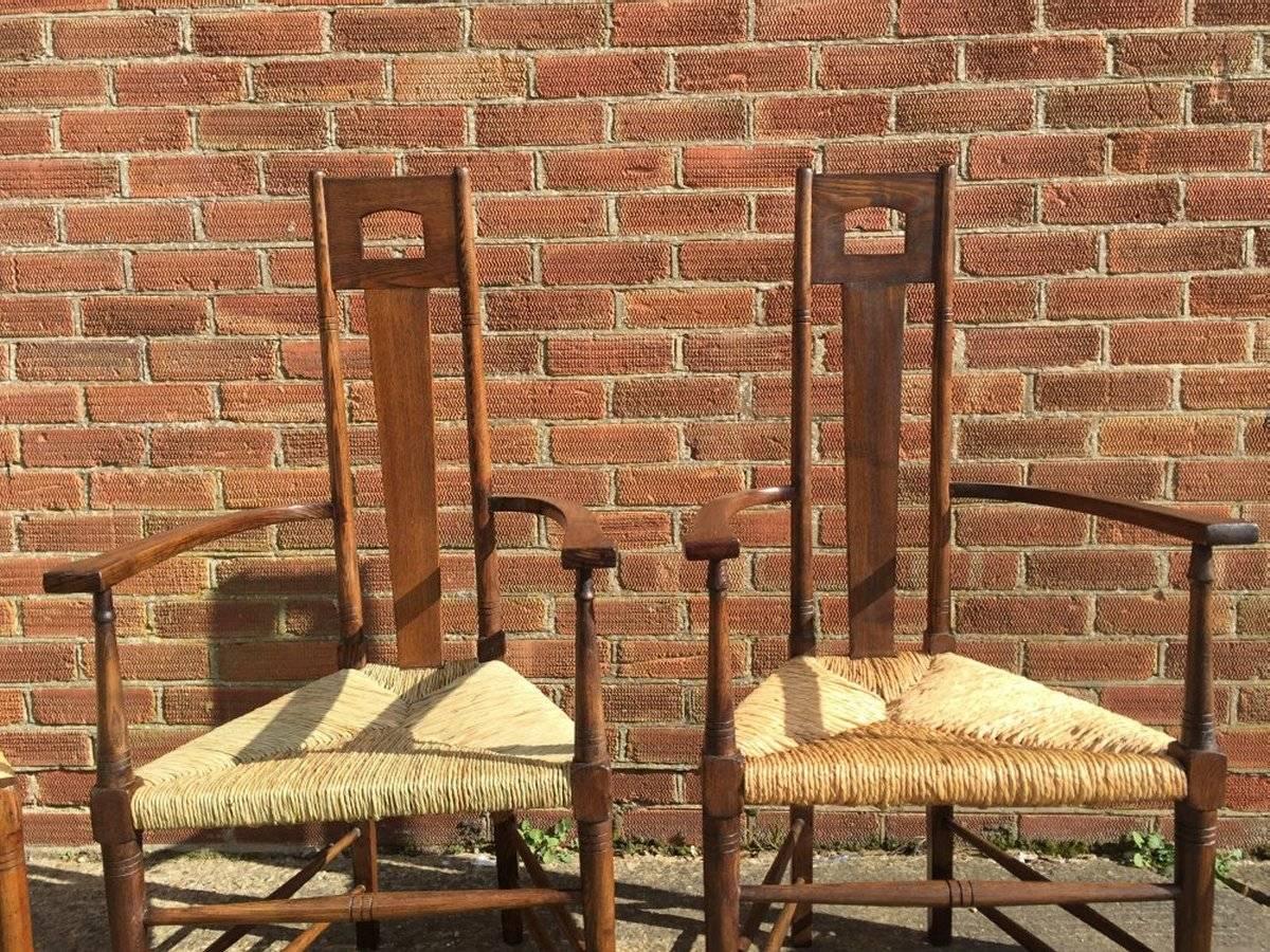 Arts and Crafts E G Punnet Attri, for William Birch Set of Four Glasgow School Oak & Rush Chairs For Sale