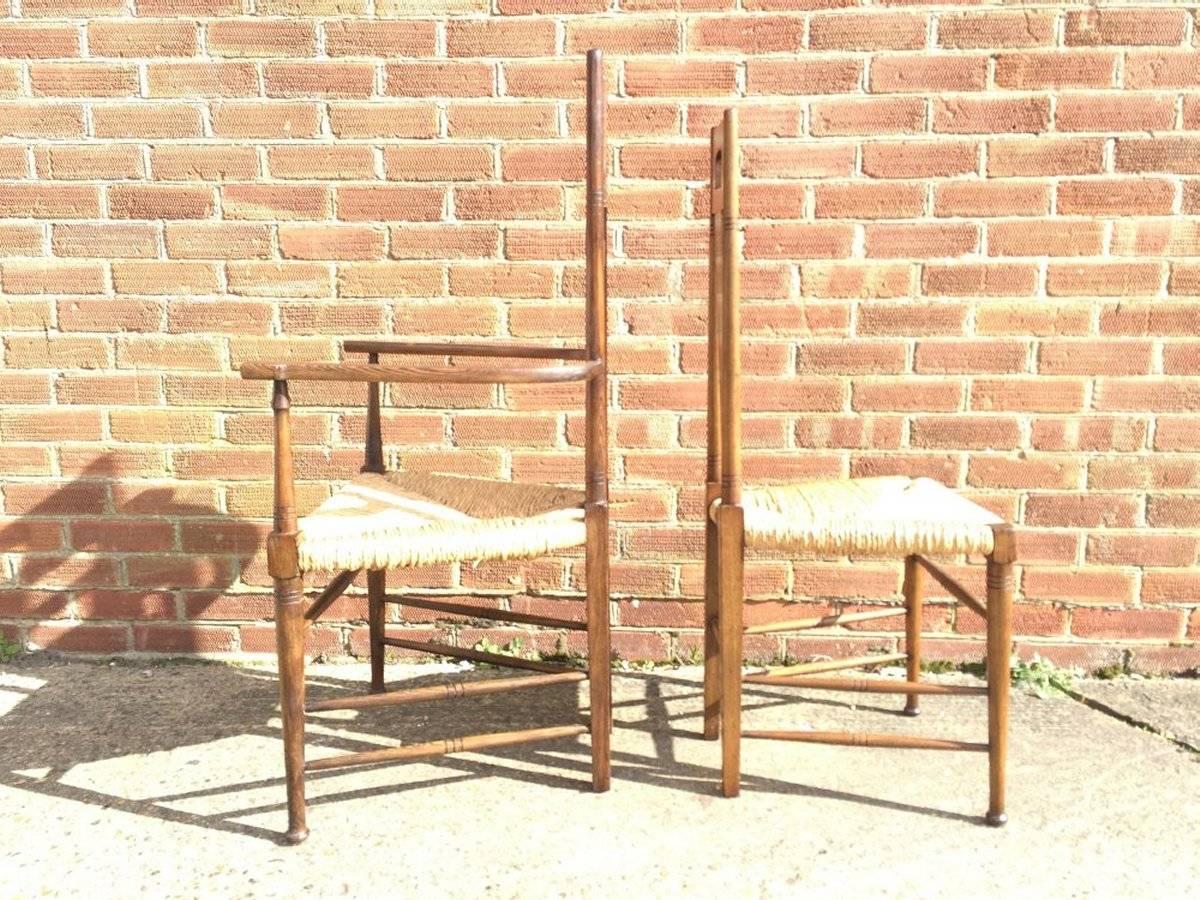 Hand-Crafted E G Punnet Attri, for William Birch Set of Four Glasgow School Oak & Rush Chairs For Sale